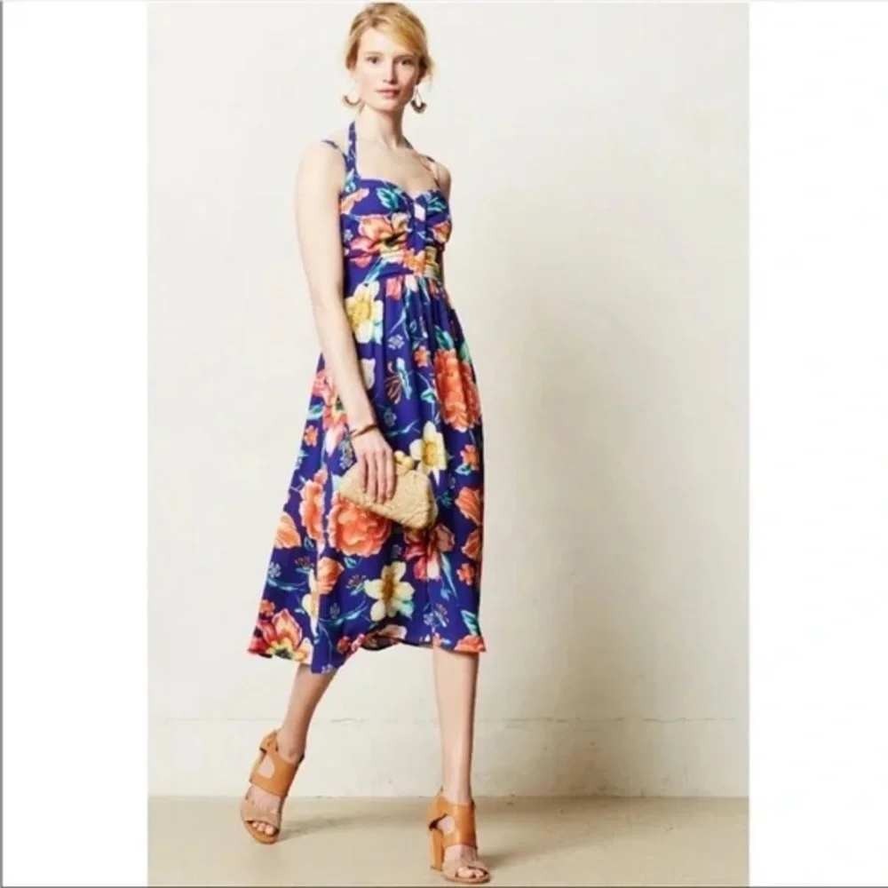 Moulinette Soeurs Anthropologie Blue Floral Sweetheart Midi Dress Size 2